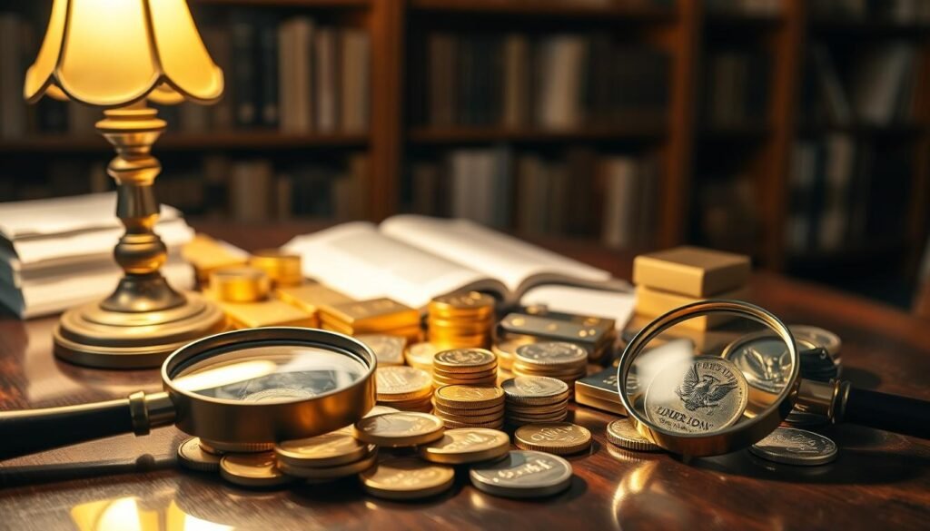 A gleaming table of precious metals, the warm glow of a classic desk lamp illuminating a collection of gold and silver coins, bars, and bullion. In the foreground, a magnifying glass rests, inviting closer inspection of the intricate details. The middle ground features a backdrop of wooden shelves, hinting at a library of educational resources. The overall atmosphere is one of sophistication and financial expertise, reflecting the section's focus on American Bullion's educational offerings.