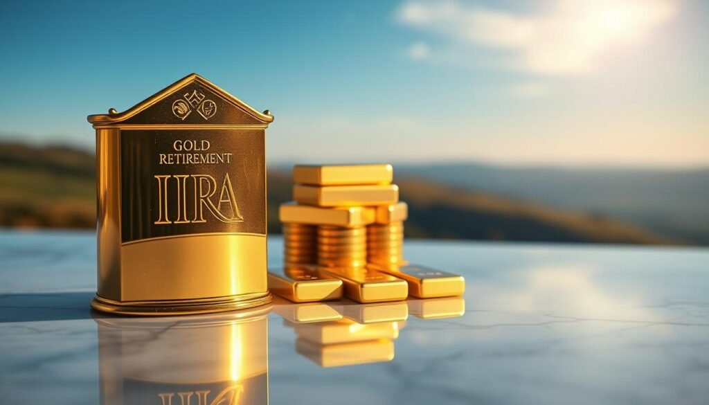 A golden individual retirement account (IRA) gleams in the foreground, its lustrous facade reflecting the warm lighting and elegant surroundings. In the middle ground, a stack of coins and bars of pure gold shimmer, symbolizing the wealth and financial security that a gold-backed IRA can provide. The background is a tranquil scene, with a serene landscape and a clear blue sky, conveying a sense of stability and long-term investment. The overall composition is balanced and visually striking, capturing the essence of advanced asset location tactics for U.S. investors seeking tax-efficient ways to hold their gold.