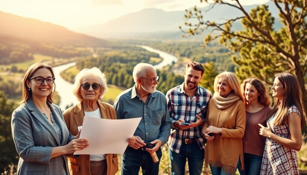 A group of diverse individuals, representing the beneficiaries of a Gold IRA, stand in a serene, sun-dappled setting. In the foreground, a young professional woman and an elderly retiree, both with relieved expressions, hold legal documents. In the middle ground, a middle-aged couple and a young family converse, gesturing animatedly. The background features a lush, verdant landscape with a winding river and a distant, majestic mountain range. The scene is illuminated by warm, golden sunlight, conveying a sense of security, stability, and the successful transfer of wealth. The composition is balanced, with the subjects positioned to create a harmonious, inviting atmosphere.