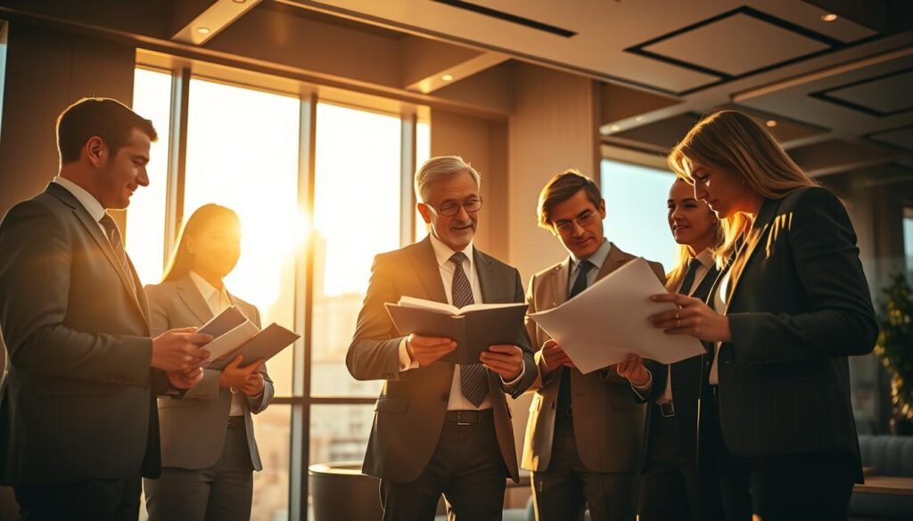 A group of well-dressed, affluent individuals standing in a stylish office setting, focused intently on their financial portfolios and discussing investment strategies. The scene is bathed in warm, golden light, conveying a sense of prosperity and confidence. The figures are posed in a dynamic, angular composition, creating a sense of purposeful action. In the background, a gleaming skyline hints at the scale of their financial empire. The overall mood is one of sophistication, success, and the pursuit of financial security.