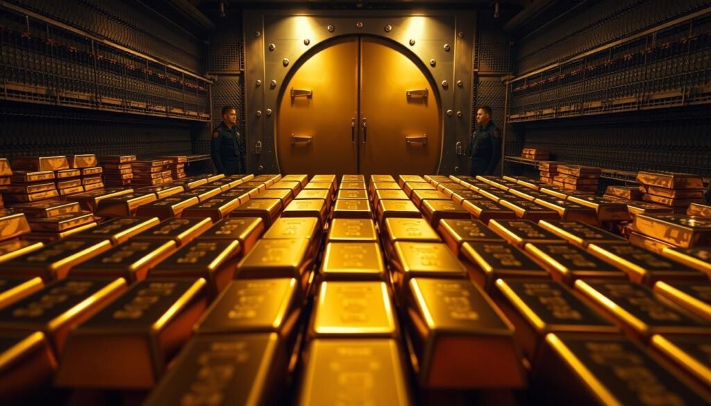 A high-angle view of a secure gold vault, illuminated by warm, golden lighting. In the foreground, rows of gold bars are meticulously stacked, their gleaming surfaces reflecting the soft light. The middle ground depicts a team of security personnel diligently guarding the vault, their expressions stern and focused. In the background, a massive, reinforced door stands as the final barrier, symbolizing the unwavering protection of the precious metal. The atmosphere is one of solemn responsibility, conveying the importance of safeguarding gold holdings during times of uncertainty.