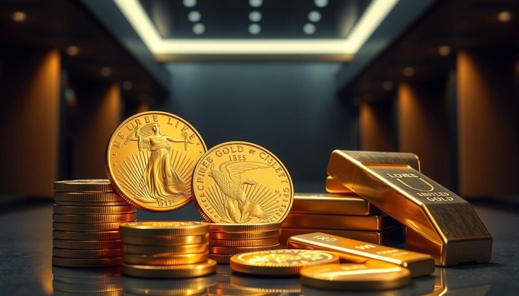 A high-contrast, cinematic image of a gold IRA featuring American Gold Eagle coins and gold bars. In the foreground, a stack of shimmering gold coins and bars, meticulously detailed. The midground showcases the iconic American Gold Eagle design, its intricate eagle motif glistening. In the background, a sleek, modern financial setting with minimalist architecture and indirect lighting, conveying a sense of stability and security. The overall mood is one of wealth, prestige, and the gravitas of a well-crafted precious metals investment portfolio.