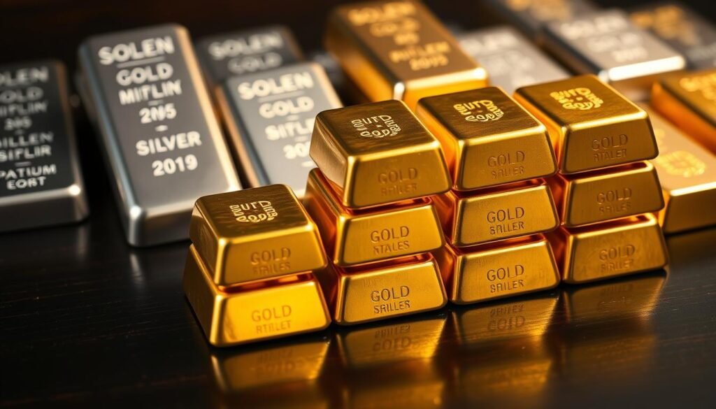 A high-contrast, close-up photograph of three rows of gold bullion bars stacked neatly on a dark wooden surface. The bars have a rich, lustrous sheen, casting warm reflections on the polished surface. In the background, there are several silver and platinum bars, creating a visually striking display of precious metals. The lighting is soft and directional, accentuating the textures and highlights of the metals. The composition is balanced and centered, with a sense of depth and dimension, conveying the solidity and value of these investment-grade precious metals.