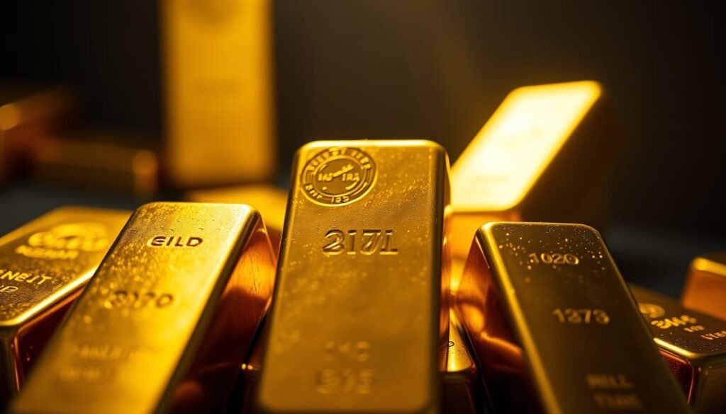 A high-contrast, tightly-framed close-up shot of several gold bars and bullions, their gleaming surfaces catching the light from a dramatic, directional lighting setup. The bars are arranged in a visually-striking, asymmetrical composition, with a sense of depth and dimension. The background is blurred, creating a moody, premium atmosphere that evokes the serious, high-stakes nature of the gold IRA industry. The lighting accentuates the rich, warm tones and textural details of the precious metal, conveying a sense of prestige, exclusivity and financial security.