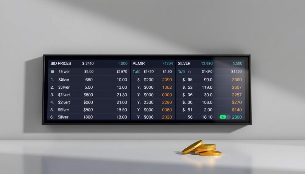 A high-quality image of a dealer bid price display, featuring a modern, minimalist interface with clean lines and a professional, authoritative tone. The display shows real-time bid prices for a variety of precious metal assets, including gold and silver coins and bars, presented in a clear and easy-to-read format. The image is set against a neutral, muted background, emphasizing the focus on the data and financial information. Subtle lighting and camera angles create a sense of depth and sophistication, conveying the expertise and reliability associated with the dealer's services. The overall composition and style reflects the practical, informative nature of the article's subject matter.