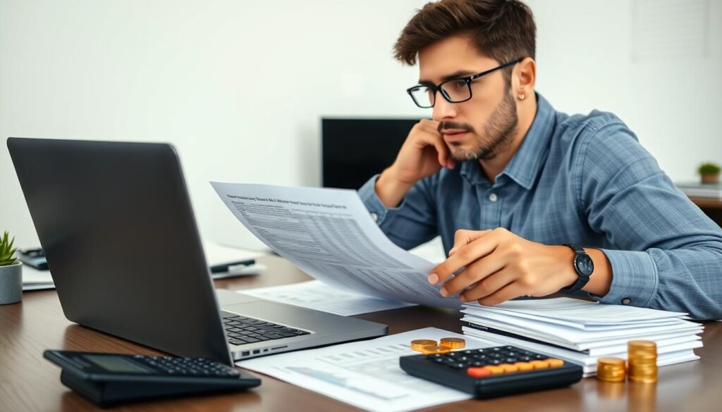 A high-quality image of a person researching and evaluating different gold IRA companies on a laptop, with a stack of financial documents and a calculator on the desk. The scene is well-lit and features a clean, minimalist office setting. The person's expression conveys a thoughtful, analytical demeanor as they carefully compare the features and reputations of various gold IRA providers. The background is slightly blurred, keeping the focus on the person and their decision-making process.