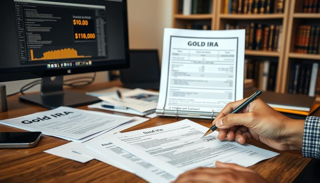 A meticulously arranged workspace with a desktop computer, various financial documents, and a gold IRA account statement prominently displayed. The scene is illuminated by soft, warm lighting, creating a sense of professionalism and financial security. In the foreground, a hand is carefully filling out a form, symbolizing the process of setting up a gold IRA. The background features a bookshelf with financial literature, conveying the importance of research and education in this endeavor. The overall composition reflects the care and attention required to properly establish a gold-backed retirement account.