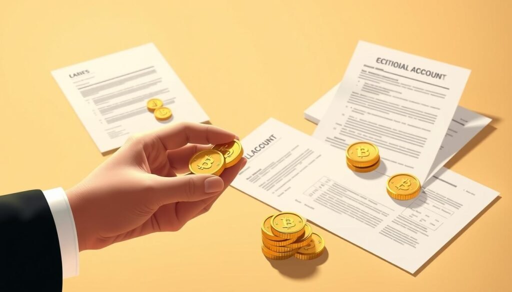 A meticulously detailed illustration of a gold individual retirement account (IRA) rollover process. In the foreground, a hand is carefully transferring gold coins from one account to another, conveyed through a sleek and minimalist design. The middle ground showcases financial documents and paperwork, highlighting the administrative aspects of the rollover. The background features a subtle, warm-toned gradient, evoking a sense of security and stability. The lighting is soft and directional, casting gentle shadows and highlighting the textures of the gold. The overall composition is balanced and visually appealing, reflecting the importance and complexity of the IRA rollover process.