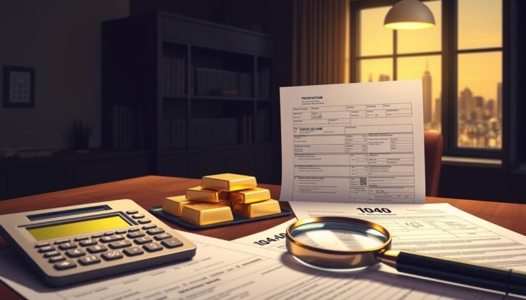 A meticulously detailed illustration of the tax implications for a Gold IRA retirement account. In the foreground, a calculator, tax forms, and a magnifying glass, symbolizing the complex financial calculations required. In the middle ground, a stack of gold bullion and a 1040 tax return, representing the intersection of precious metals and tax obligations. The background features a dimly lit office setting, with a bookshelf and a window overlooking a city skyline, evoking the seriousness and gravity of the subject matter. The lighting is warm and muted, creating a contemplative atmosphere, and the overall composition conveys a sense of careful consideration and attention to detail.