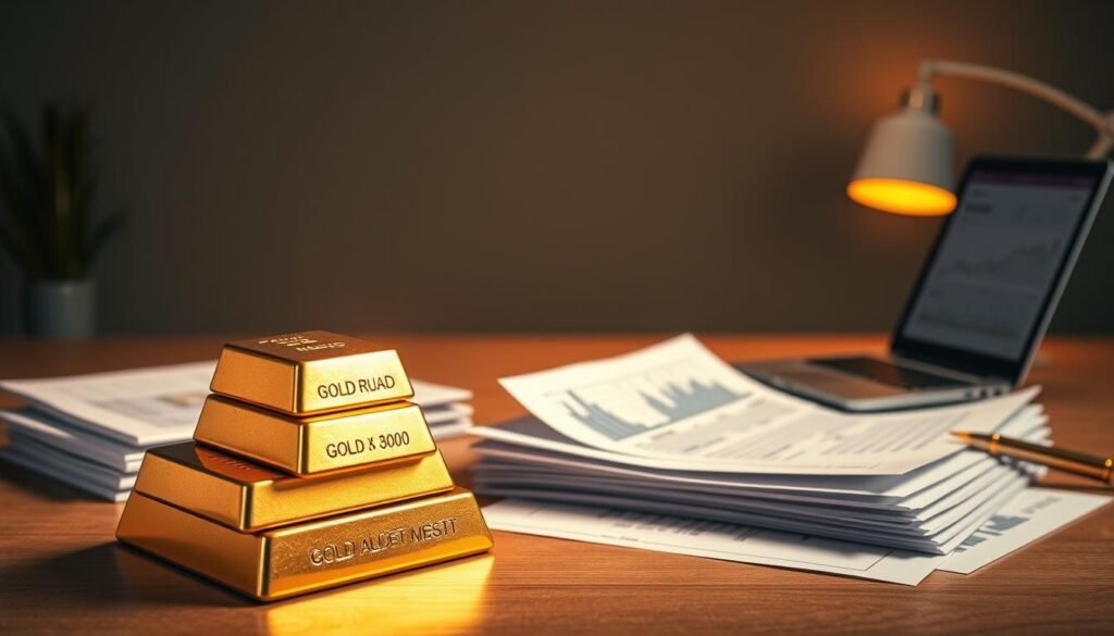 A meticulously detailed illustration showcasing the intricate "rollover rules" for transferring a 401(k) or traditional IRA into a Gold IRA. The foreground depicts a stack of gold bars, gleaming under warm studio lighting, symbolizing the precious metal investment. In the middle ground, financial documents and forms unfold, representing the administrative process. The background features a minimalist office setting, with a laptop and financial charts, conveying the technicalities involved. The overall composition captures the gravitas and significance of this critical financial decision, inviting the viewer to delve into the nuances of this specialized retirement strategy.