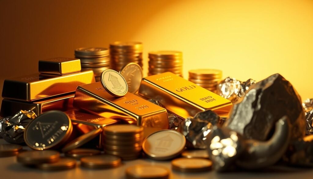 A meticulously detailed rendering of precious metals, including gleaming gold bars, shimmering silver coins, and lustrous platinum nuggets, arranged in a visually striking still life composition. The scene is captured under warm, directional lighting that casts dramatic shadows, accentuating the textures and contours of the metals. The foreground features the metallic items arranged in a dynamic, asymmetrical layout, while the background is a simple, neutral color that allows the precious materials to take center stage. The overall mood is one of elegance, value, and financial security.