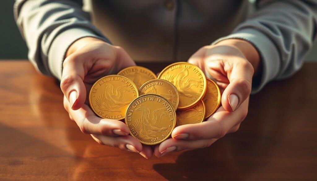 A meticulously rendered image depicting a person's hands carefully holding several gleaming American Gold Eagle coins against a backdrop of a polished wooden table. The coins are captured in intricate detail, their intricate designs and reflective surfaces catching the warm, natural lighting that illuminates the scene. The hands, with their defined lines and wrinkles, convey a sense of reverence and responsibility as they gently cradle the valuable assets. The overall composition, framed by a clean, minimalist environment, evokes a mood of financial security, compliance, and the importance of safeguarding one's retirement investments in physical gold.