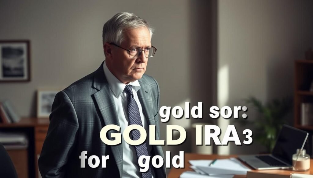 A middle-aged person in a suit, looking concerned and deep in thought, standing in a home office setting with financial documents and a laptop on the desk. The lighting is soft and natural, creating a contemplative atmosphere. The background is slightly blurred, with muted tones, emphasizing the focus on the central figure. The overall mood suggests caution and a need for careful consideration when it comes to financial decisions, particularly around gold IRAs.