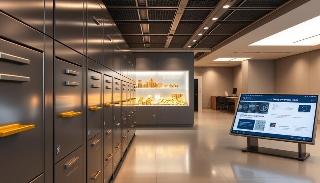 A modern, minimalist storage facility for precious metals, with a sleek, metallic exterior and a secure, high-tech interior. In the foreground, a row of safety deposit boxes, their golden handles gleaming under the soft, ambient lighting. In the middle ground, a display showcasing various gold bullion and coins, their surfaces reflecting the gentle illumination. The background features a clean, modern office space, with workstations and a large, interactive touchscreen panel displaying detailed information about the facility's services and security measures.