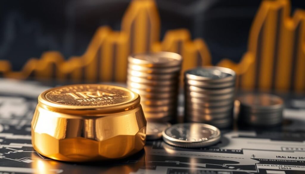 A shimmering gold Individual Retirement Account (IRA) stands prominently in the foreground, its surface gleaming under a warm, golden light. In the middle ground, a stack of silver and platinum coins add depth and contrast, while the background features a blurred financial landscape, suggesting the broader investment portfolio. The composition conveys a sense of wealth, security, and the strategic diversification of precious metals within a retirement account. The image should effectively illustrate the tax implications, required minimum distributions (RMDs), and distribution considerations associated with a mixed-metal IRA.