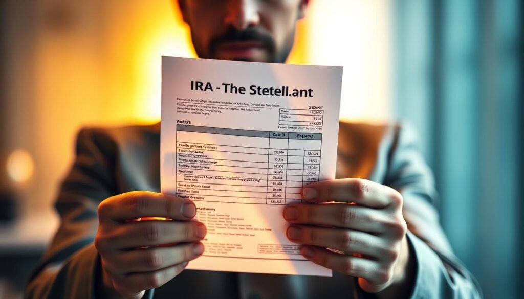 A sleek and modern self-directed IRA account statement, held in the hands of a focused and determined investor. The document is backlit by a warm, golden glow, conveying a sense of stability and financial security. The hands are well-manicured, reflecting the careful attention to detail required for successful self-directed IRA management. The background is subtly blurred, keeping the focus on the central document and the investor's expression of diligence and financial acumen.