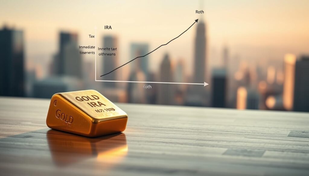 A sleek, modern composition showcasing the core trade-off between a Gold IRA and a Roth IRA. In the foreground, a shiny gold ingot rests on a polished wooden surface, casting a warm, golden glow. In the middle ground, a financial graph depicting tax implications hovers above, with two diverging lines representing the immediate tax benefits of a traditional IRA versus the tax-free withdrawals of a Roth. The background features a softly blurred cityscape, conveying a sense of financial security and long-term growth. The lighting is soft and directional, creating depth and emphasizing the key elements. The overall mood is one of thoughtful consideration, inviting the viewer to contemplate the core trade-off between these two retirement investment options.