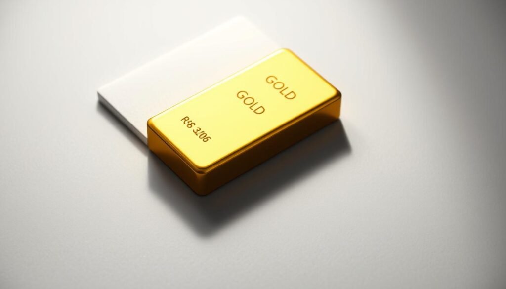 A sleek, modern financial portfolio with a prominent gold bar at the center, set against a minimalist backdrop of gray and white tones. The gold bar glistens under soft, directional lighting, casting subtle shadows that add depth and dimension. The composition emphasizes the importance of gold as a key component in a well-diversified retirement investment strategy, conveying a sense of stability, security, and long-term growth. The overall mood is one of sophistication, stability, and prudent financial planning.