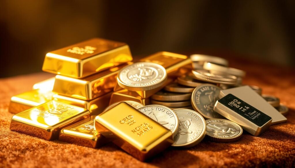 A sparkling array of precious metals, including gleaming gold bars, shimmering silver coins, and lustrous platinum ingots, resting on a plush velvet surface. Diffused lighting casts a warm, inviting glow, accentuating the depth and richness of the metals. The composition is carefully arranged, with the metallic elements strategically positioned to create a sense of balance and harmony. The scene conveys a sense of wealth, stability, and the inherent value of these valuable resources. The image is captured from a slightly elevated angle, providing a comprehensive view of the precious metals and their intricate details.