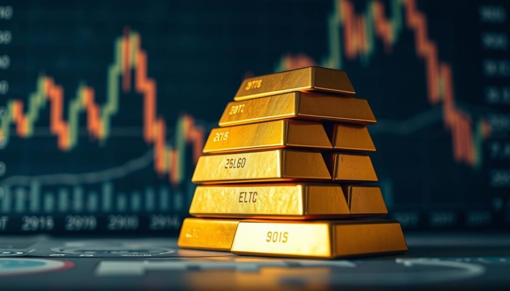 A tightly framed, high-resolution photograph of a stack of gold bars against a blurred background of financial charts and graphs. The gold bars are positioned in the foreground, casting a warm, soft glow under dramatic side lighting that accentuates their luster and texture. The middle ground features a muted, monochromatic backdrop of stock market data visualizations, suggesting the relationship between the precious metal and economic downturns. The overall composition conveys a sense of security, stability, and diversification during periods of market volatility.