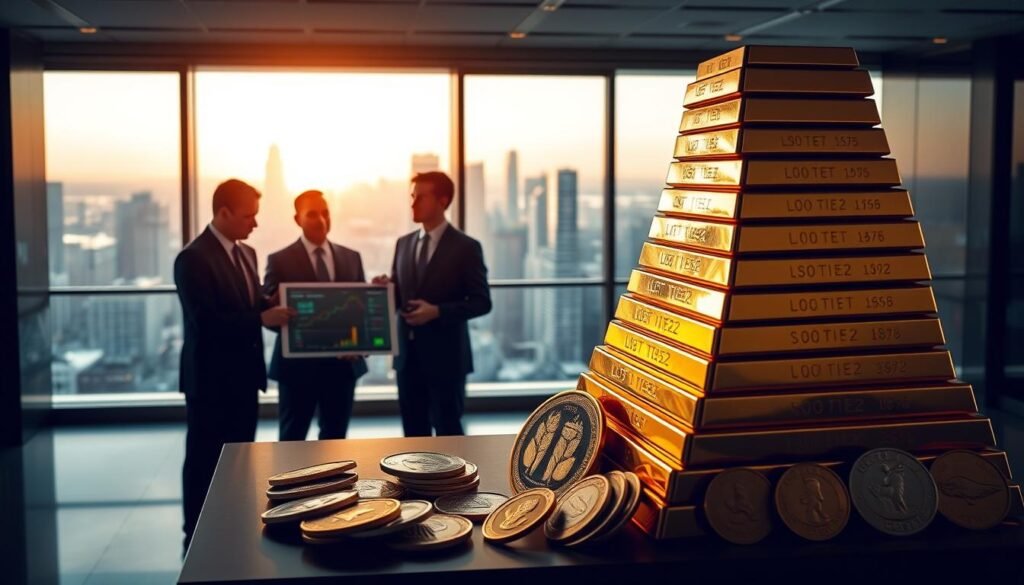 A towering stack of gold bullion bars, gleaming under warm, directional lighting that casts dramatic shadows. In the foreground, a team of professional financial advisors in crisp suits, presenting data on a sleek touchscreen interface. The middle ground features a selection of gold coins and commemorative medallions, artfully arranged. The background reveals a modern, minimalist office space with floor-to-ceiling windows overlooking a bustling city skyline. The overall scene conveys a sense of authority, expertise, and financial security, reflecting the importance of choosing a reputable gold IRA provider.