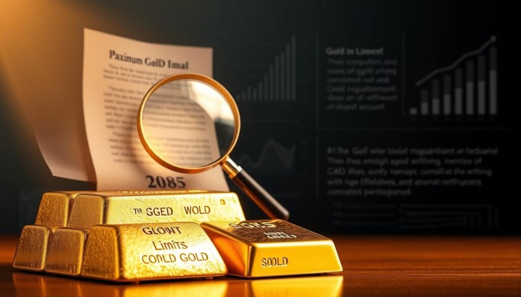 A well-lit, high-resolution illustration showcasing the key aspects of contribution limits for a gold-based Individual Retirement Account (IRA). In the foreground, a stack of gold bars representing the maximum annual contribution amount, rendered with intricate detail and a warm, metallic sheen. In the middle ground, a magnifying glass inspecting the fine print of IRA regulations, emphasizing the importance of understanding the nuances of rollovers and withdrawals. The background features a clean, minimalist design with subtle infographic elements, such as charts and graphs, providing visual context around the financial implications of gold IRA contribution limits.