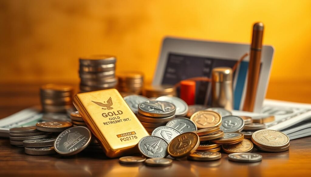 Prompt A professional yet tranquil retirement investment portfolio, comprising a balanced mix of physical gold bars and bullion, silver coins, and a diverse selection of stocks, bonds, and mutual funds. The scene is set against a warm, golden-hued background, with soft lighting that casts a subtle glow on the precious metals. The composition features the gold and silver assets prominently in the foreground, arranged in an aesthetically pleasing manner, while the financial instruments occupy the middle ground, conveying a sense of stability and long-term growth. The overall atmosphere exudes a sense of confidence, security, and prudent financial planning for one's golden years.