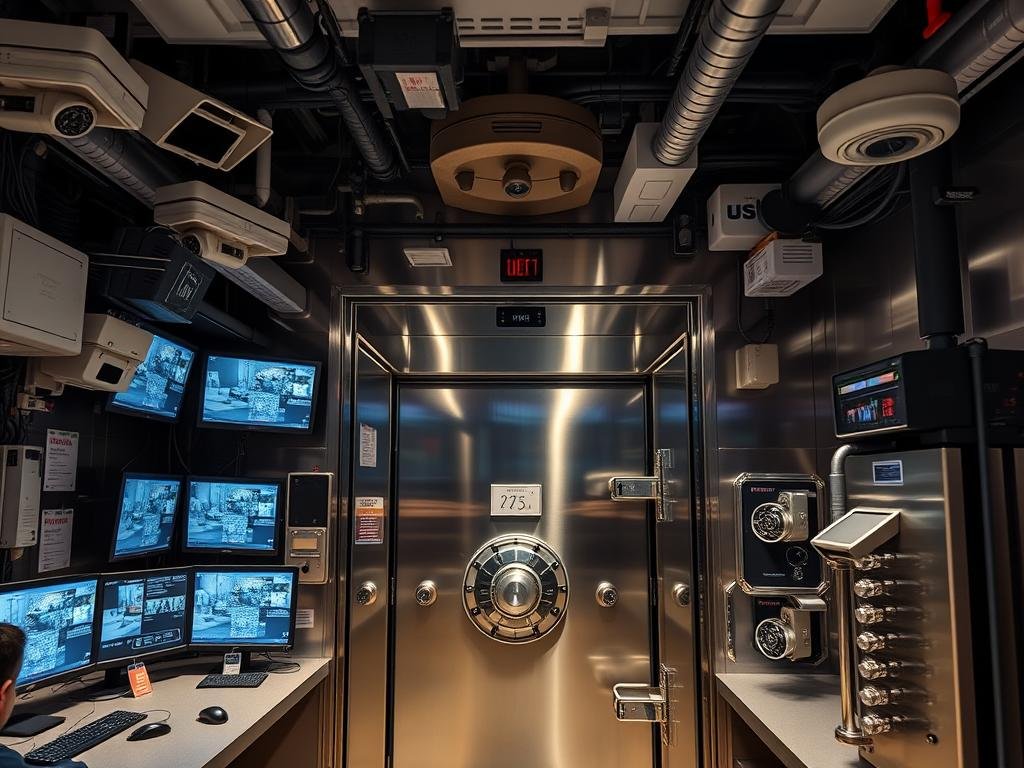 Advanced security systems at a domestic gold IRA storage facility showing surveillance and vault access controls