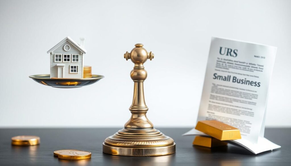Balance scale showing gold IRA to fund small business real estate opportunities versus compliance requirements