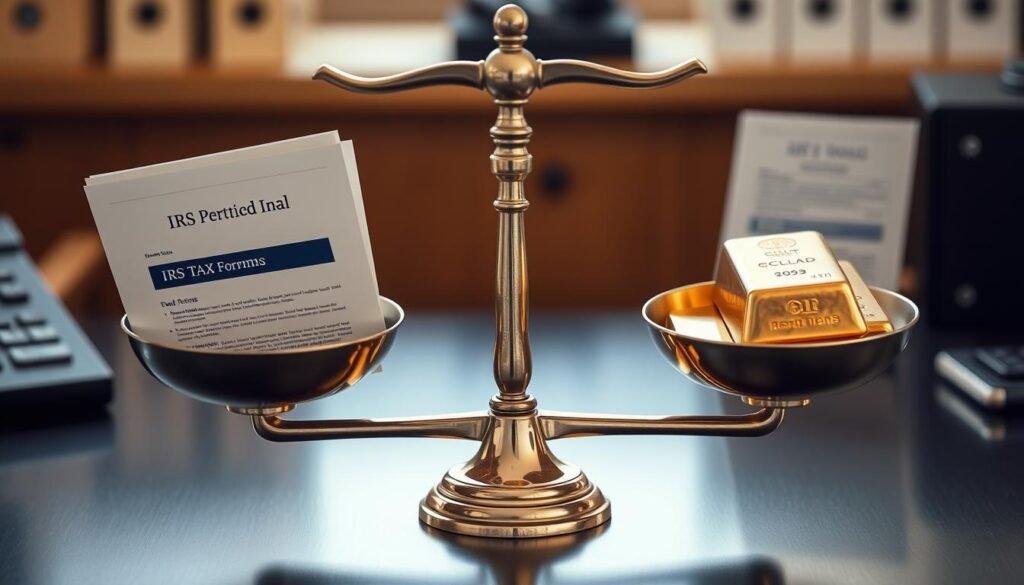 Balance scale with tax forms and gold bars representing tax advantages disadvantages holding gold ira overseas