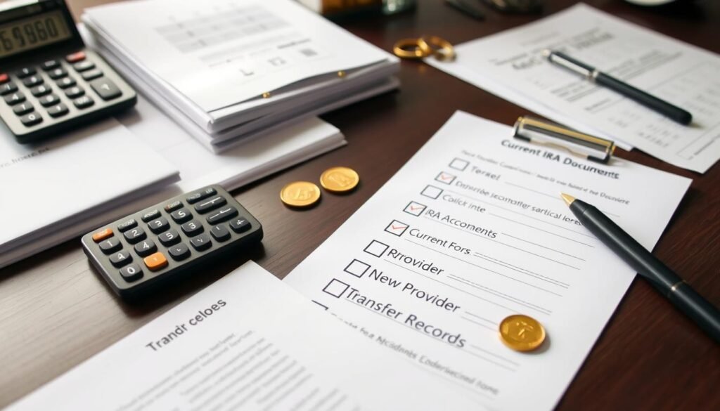 Checklist and organized documents for successful gold IRA transfer showing transfer existing gold IRA to new provider steps