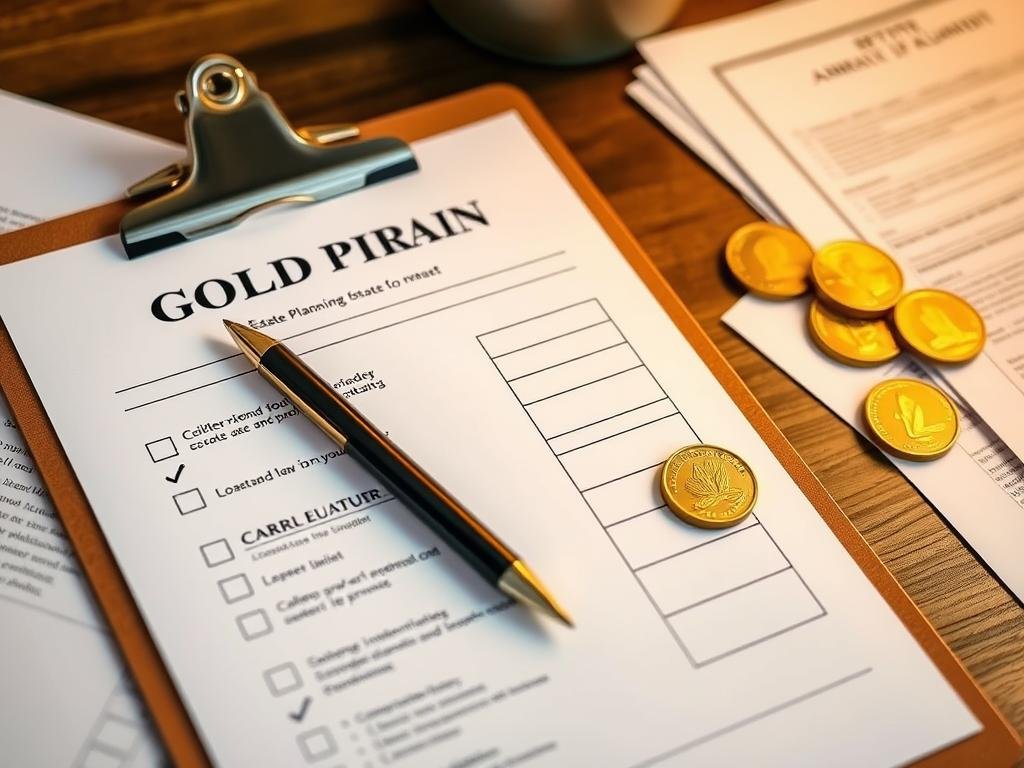 Completed Gold IRA estate planning checklist with pen and gold coins