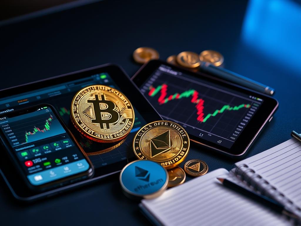 Cryptocurrency diversification concept showing bitcoin, ethereum and blockchain technology