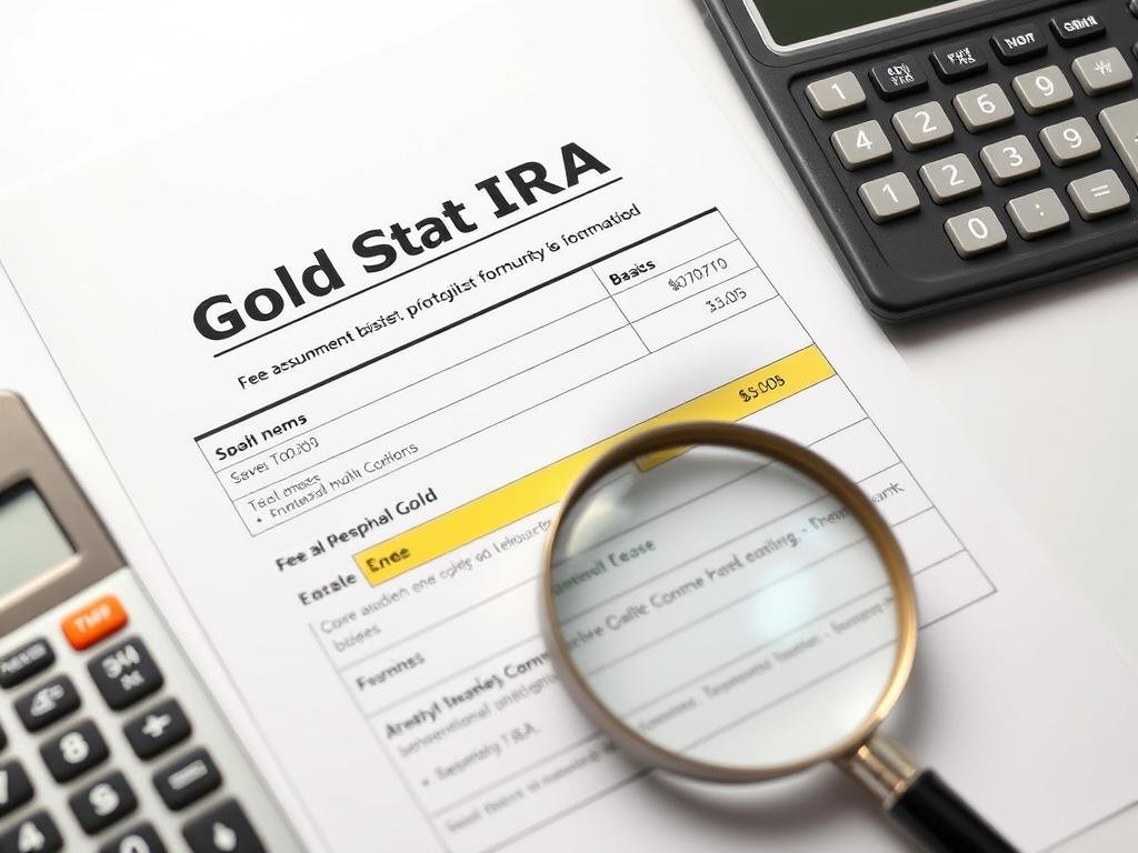 Detailed fee structure document for Gold IRA with calculator and magnifying glass