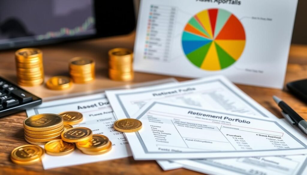 Diversified retirement portfolio with gold coins alongside traditional investments showing how much retirement should be in gold ira case studies