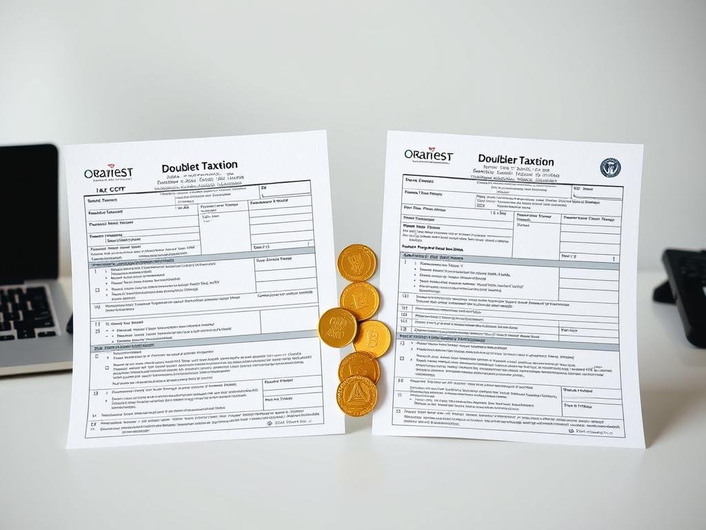Double taxation concept with two tax forms and gold coins illustrating tax advantages disadvantages holding gold ira overseas
