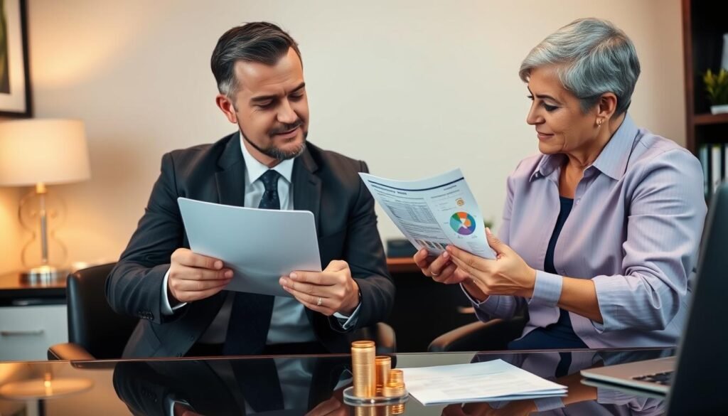 Financial advisor discussing overseas gold IRA tax scenarios with client, illustrating tax advantages disadvantages holding gold ira overseas