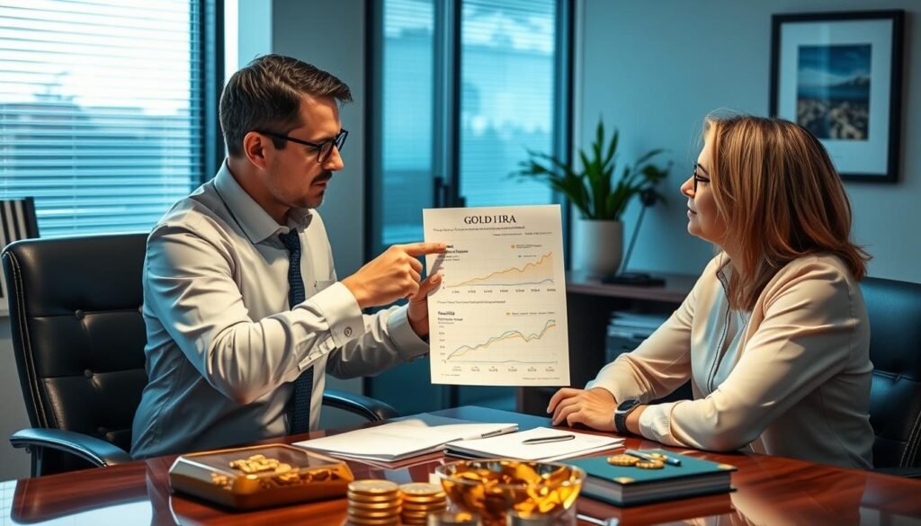 Financial advisor explaining Gold IRA withdrawal strategies to client