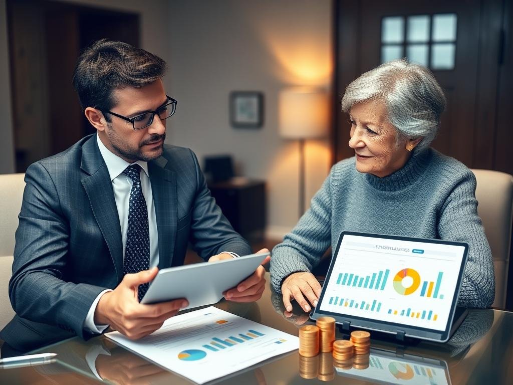 Financial advisor explaining gold IRA allocation charts to a retired couple