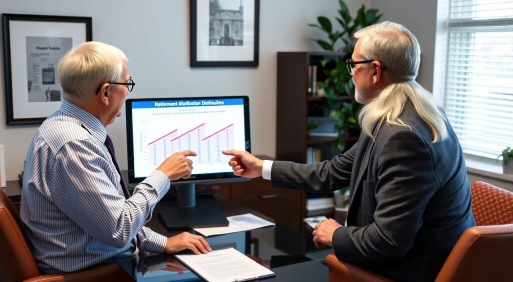 Financial planner showing retirement distribution strategies to minimize Medicare premium increases