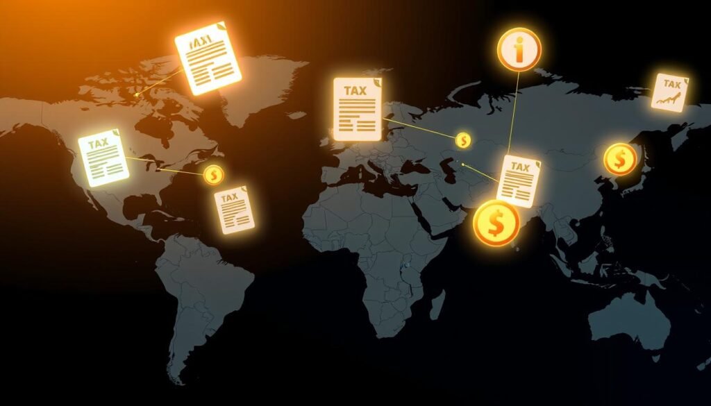 Futuristic visualization of global tax regulations affecting overseas gold IRAs, illustrating tax advantages disadvantages holding gold ira overseas