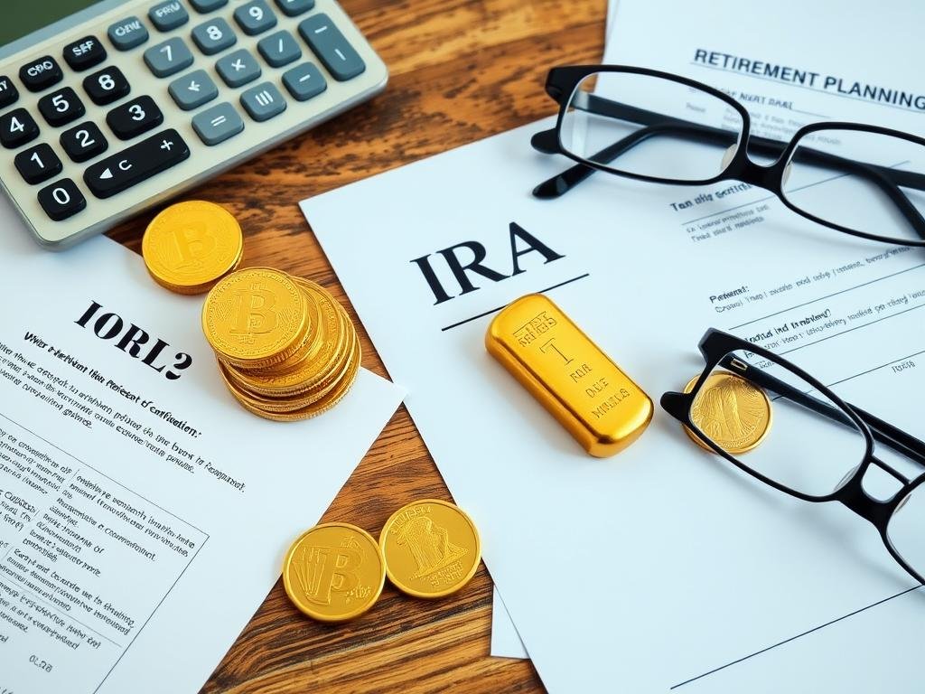 Gold IRA investment concept showing gold coins and retirement planning documents