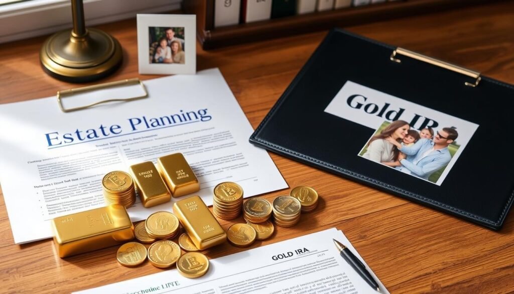 Gold bars and coins arranged next to estate planning documents and an IRA folder