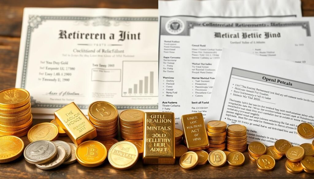 Gold coins and bars compared to stock certificates and bond documents