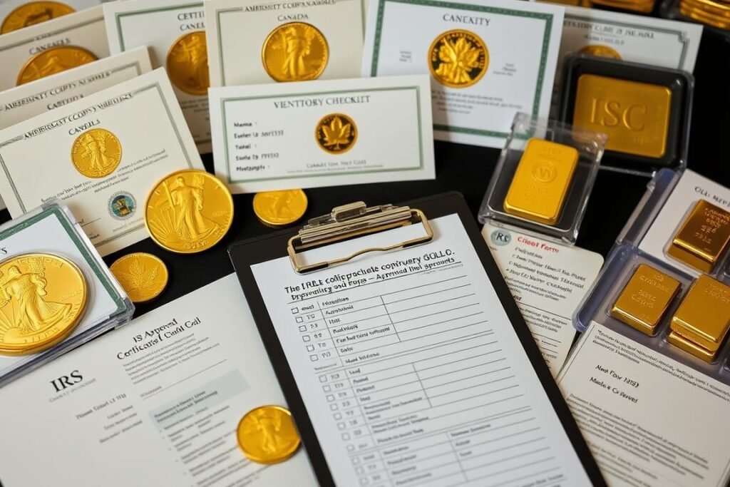 IRS-approved gold coins and bars for gold IRA storage showing proper documentation