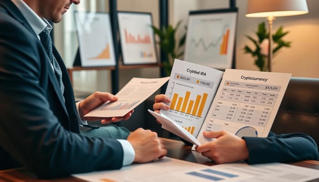 Investor making informed decision about gold ira vs crypto diversification with financial advisor