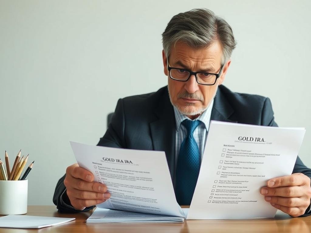 Investor reviewing gold IRA documents and taking action steps during custodian financial trouble