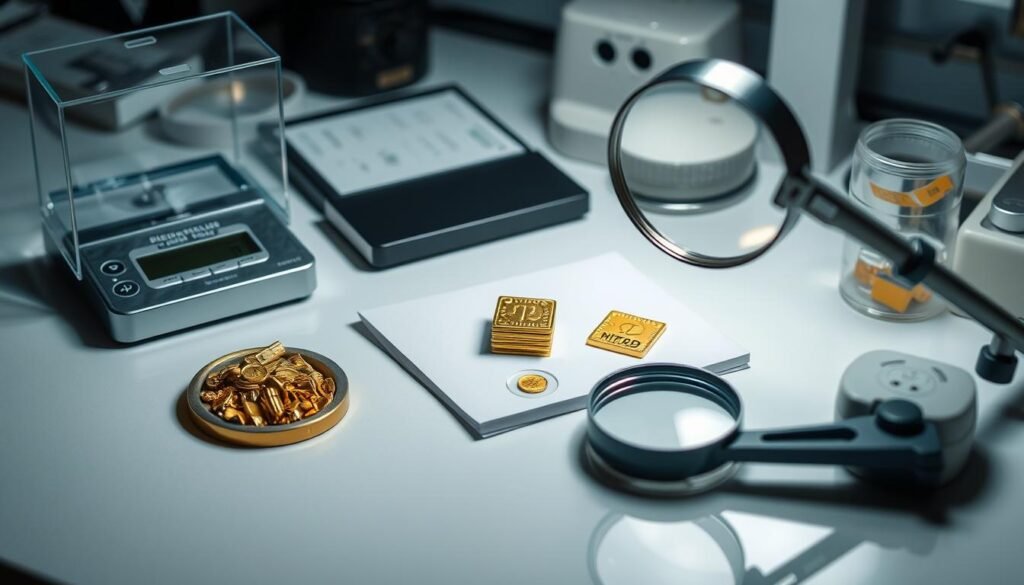 Methods for verifying gold authenticity including weighing, measuring, and testing