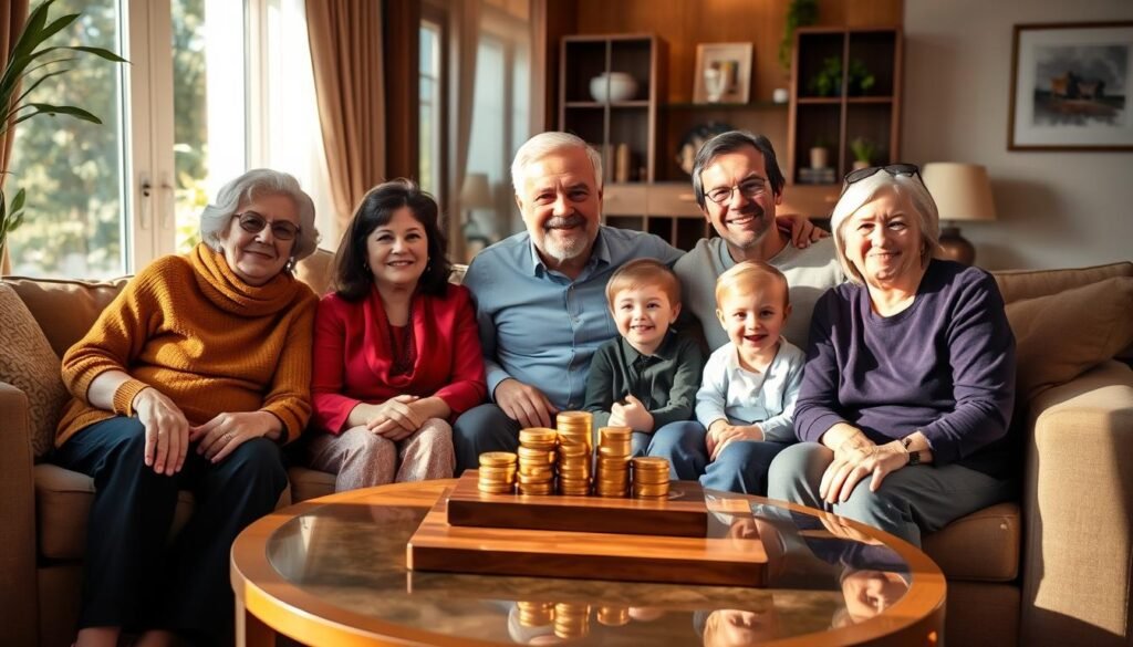 Multi-generational family with gold coins symbolizing wealth transfer through Gold IRA legacy planning