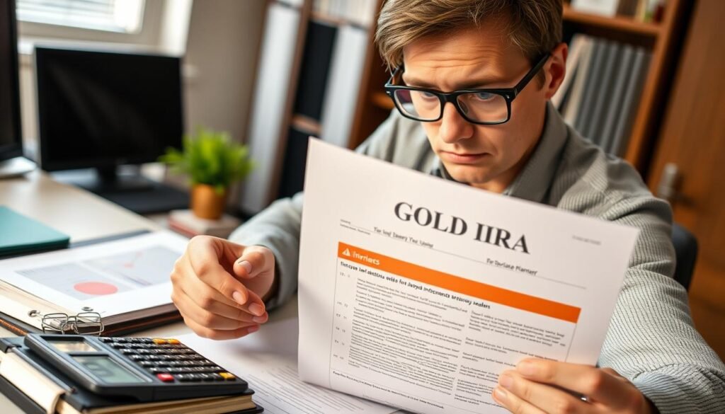 Person looking concerned while reviewing Gold IRA inheritance documents with warning symbols